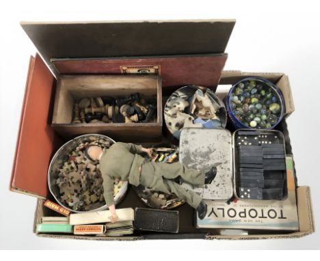A box of vintage games and toys to include a tin of marbles, wooden box of chess and draught pieces, wooden jigsaw puzzle, Ac