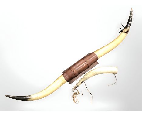 A large pair of cow horns mounted on plaque, width 122 cm, together with a further horn flask.