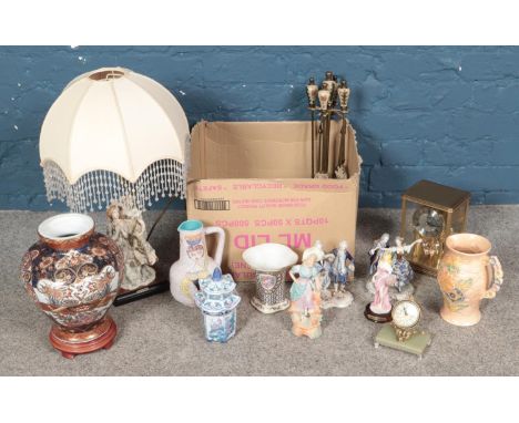 A box of miscellaneous. Includes Giuseppe Armani figural table lamp, decorative oriental vase on stand, ceramic figures, comp