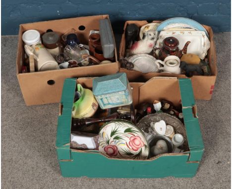 Three boxes of assorted ceramic and glass collectables including Royal Doulton, vintage advertising tins, Wadeheath jugs, Coa