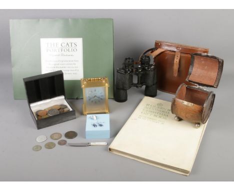 A collection of assorted items, to include quartz carriage clock, cased set of Aquilus binoculars, barrel casket, collection 