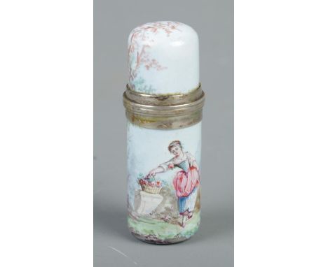 A painted enamel scent bottle depicting a young maiden landscape scene. (5cm)  Glass stopper is present but seems to be stuck