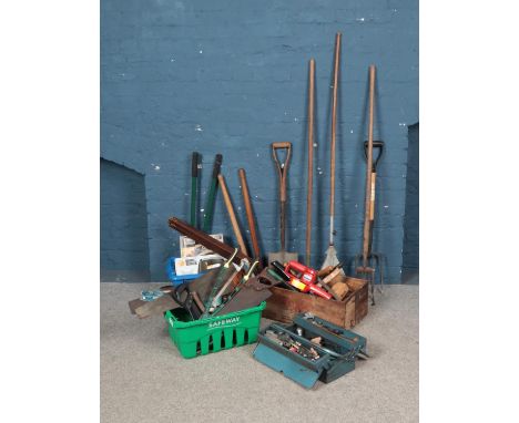 A large quantity of tools including gardening equipment, electrical jigsaw, planes, saws, hammers and more  
