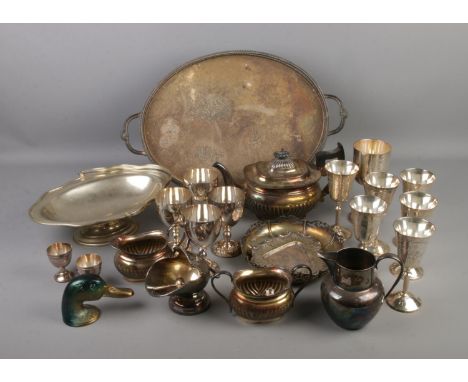 A quantity of metalwares and silver plate including goblets, teapot, coalscuttle sugar bowl and more  