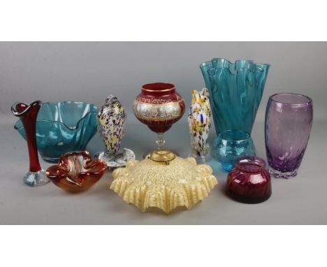 A good collection of coloured glass. Includes retro light shade, controlled bubble examples, Murano style fish etc.  