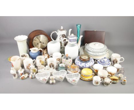 A quantity of collectables including mixed ceramics and jubilee/coronation cups, foreign mantel clock, animal figurines, back