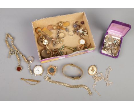 A quantity of vintage jewellery. Includes fob on chain, rings, watches, brooches, small collection of silver, etc.  