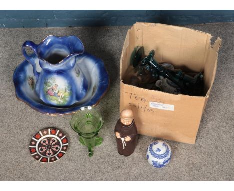 A box of miscellaneous, mostly ceramics and glassware, including Goebel Monk Decanter, Royal Crown Derby Imari plate, candles