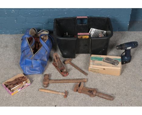 A box and a bag of mostly vintage hand tools. Includes Marples plane, hammers, etc.  
