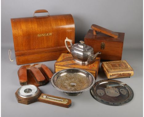 A quantity of wooden and metal collectables including shoe shine box, music box, brush set, silver plate teapot and tray, Sin