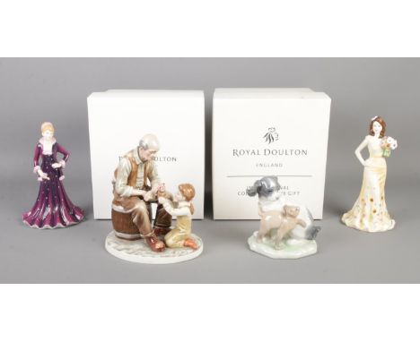 Four ceramic figure groups, to include boxed Royal Doulton 'Georgia' and 'From the Heart Best Wishes' and Nao cat and dog.  