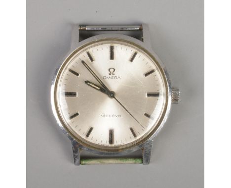 A gents stainless steel Omega Geneve manual wristwatch head.  Running.