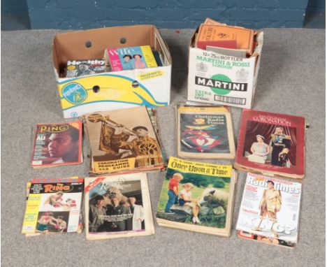 Two boxes of assorted magazines and newspapers including Weekly Illustrated, Daily Mail, Radio Times, Ring Magazine, Healthy,