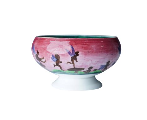 Rare Wedgwood Fairyland Lustre Empire bowl featuring the 'Leapfrogging Elves' pattern, designed by Daisy Makeig-Jones in the 