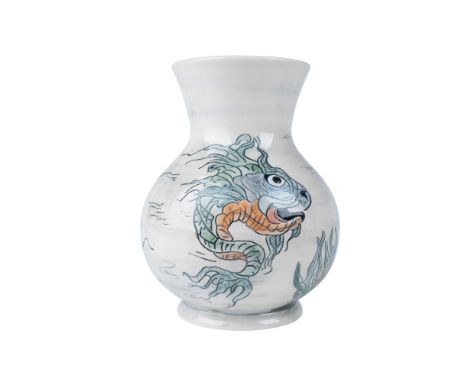 Rare trial vase featuring grotesque fish in an imaginative and surreal design. This hand decorated ceramic piece showcases ex