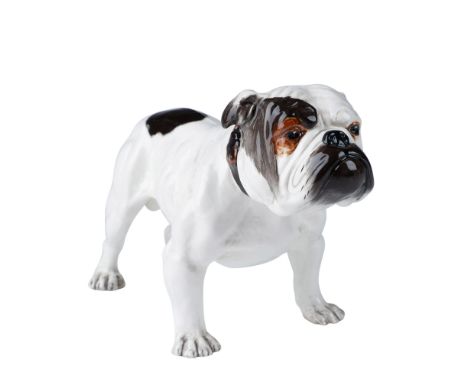 This rare Royal Doulton figurine portrays a standing bulldog with lifelike detail, including a distinctive brown patch on its