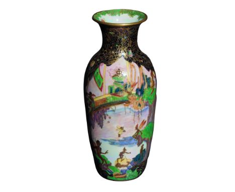 Jewelled Tree with Feng Hwang and Bridge. A remarkable Wedgwood Fairyland Lustre vase featuring an elaborate multi-color glaz
