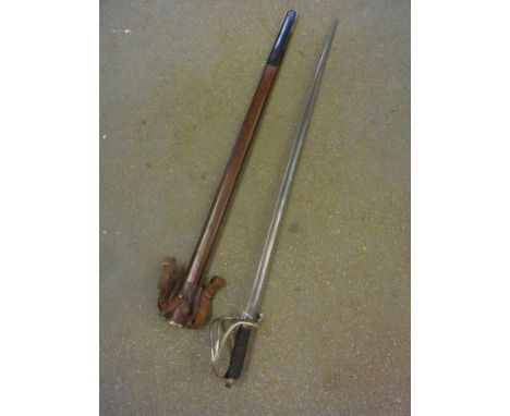 A George V Royal Artillery Officers Sword with leather scabbard - in clean condition with restoration to scabbard