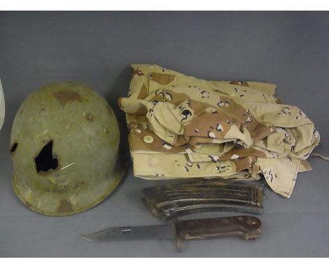 1990 Gulf War memorabilia including damaged Iraqi helmet and AK47 magazine, a Kalashnikov AKM Type I bayonet, American chocol