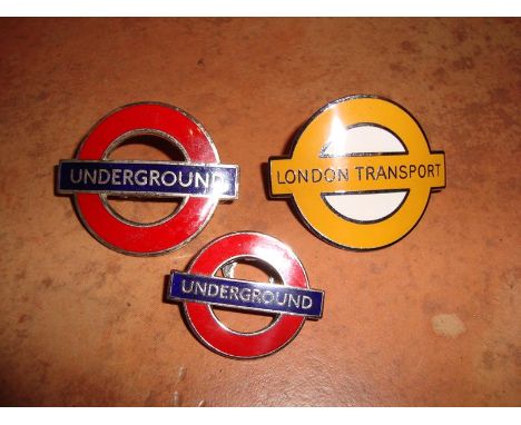 Two Cap Badges - Yellow London Transport (no pin), and Underground together with a Button hole Underground badge  - Very Good