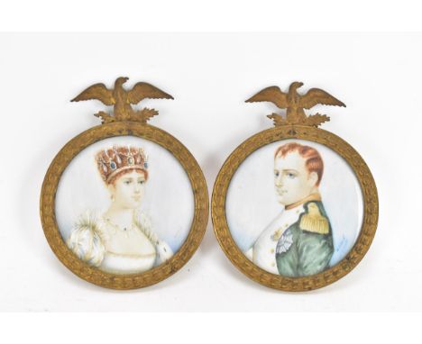 A pair of late 19th century ivory portrait miniatures of Napoleon and Josephine, each of circular form, depicting the French 