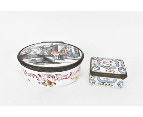 Two mid-late 18th century snuff boxes to include an enamel oval snuff box, painted throughout with figures, buildings and boa