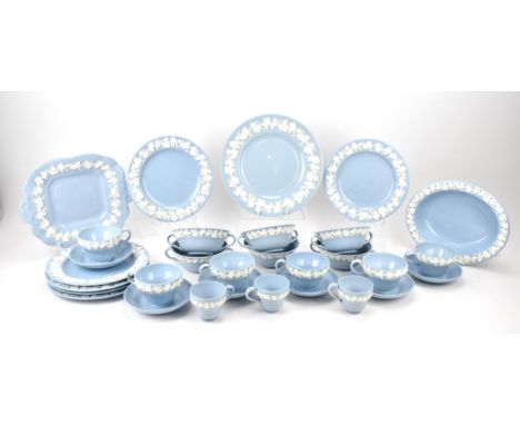 A 1950s Wedgwood Etruria/Barlaston Embossed Queensware part coffee/tea and dessert service, comprising six tea cups and sauce