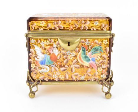 A brass-mounted Moser enamelled glass casket, late 19th/early 20th century, the rectangular amber glass body applied with pol