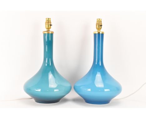 A large pair of vintage turquoise blue cased glass Holmegaard style table lamps, retailed by Illums Bolighus Sweden 36 cm hig