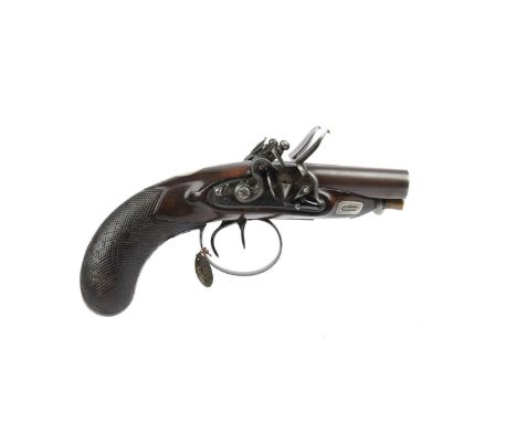 A fine English 44 bore double barrelled flintlock pocket or travelling pistol, round barrels 2.75 in., hollow top rib inscrib