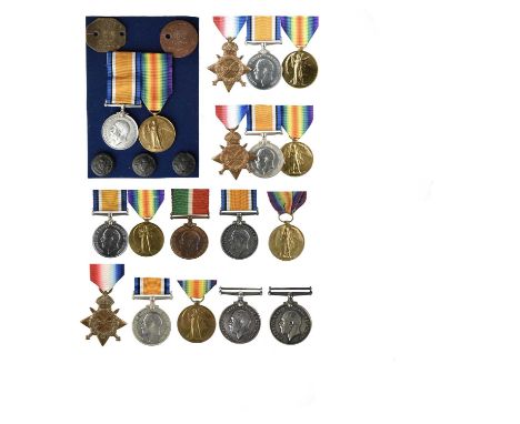 A collection of Great War Medals, groups and singles, comprising: a trio with parts of medal boxes: 1914-15 Star (2142. PTE. 