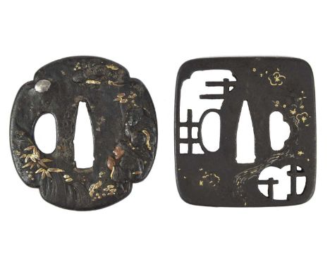 A collection of Japanese sword fittings, comprising: Three Japanese iron sword guards (tsuba), unsigned, the first maru-gata,