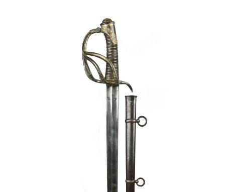 A French cuirassier officer's cavalry sword, straight bi-fullered spear-point blade 37.5 in., blade back marked for Klingenth