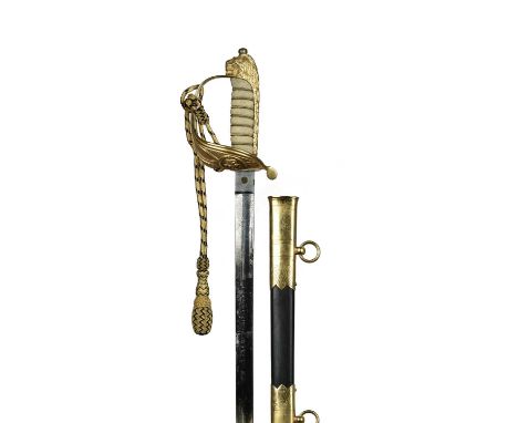 A British 1846 pattern Royal Naval officer's presentation sword, straight fullered blade with conventional etched decoration 