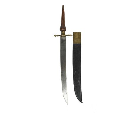 A plug bayonet of military type, single edged blade 13.5 in., brass cross piece with moulded decoration, pear-shaped wooden g