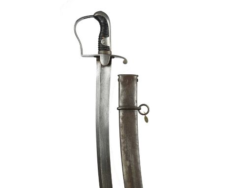 A British 1796 pattern light cavalry trooper's sword, broad curved blade 32 in., steel stirrup hilt, steel scabbard with two 