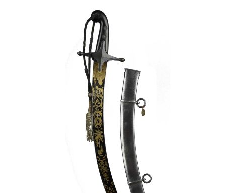 A 19th century European sword in the Persian style, blade of shamshir type, 28 in., the upper half blued and gilt; hilt with 