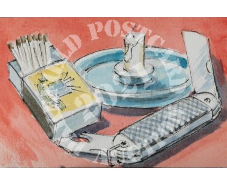 Down to Basics - watercolour. ‘A basic survival kit for when civilisation breaks down - a light, fire and a cutting tool.’ ‘W