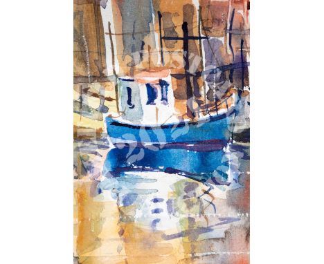 Blue Boat - Watercolour. This postcard was donated by the original purchaser of the painting not the creator of it. The origi