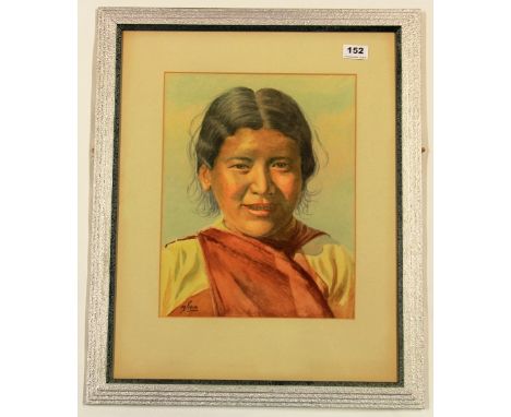 M.Sain, (French, resident in Himalayas early 20thC). Watercolour portrait of a Tibetan girl (49 x 60cm)