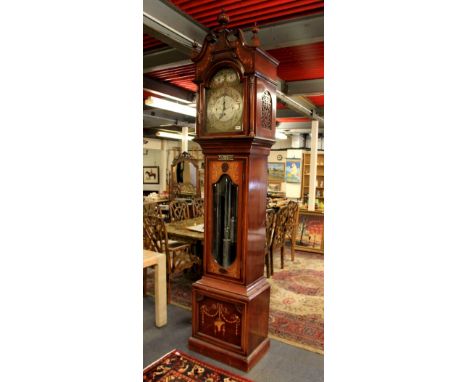 A superb large early 20thC inlaid mahogany chiming longcase clock. Height 8'7"/ 260cms. Prov. Southend Hospital Trust Boardro