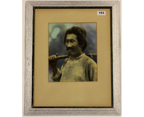 M.Sain, (French, resident in Himalayas early 20thC), Pastel and gouache portrait of a Tibetan man. (42 x 52cm)