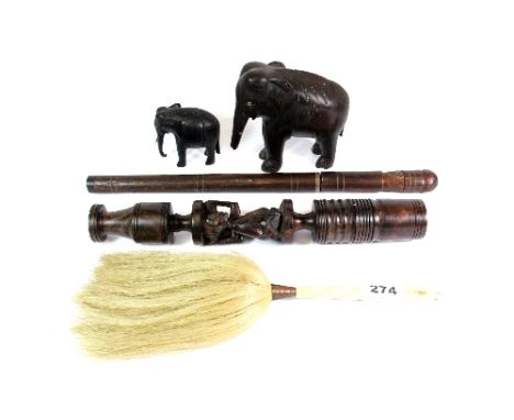A bone handled African tribal fly swatter, hunting knife etc