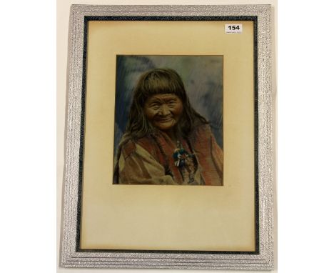 M.Sain, (French, resident in Himalayas early 20thC), Framed pastel and gouache portrait of a Tibetan Woman (45 x 58cm)