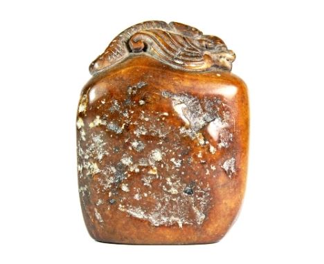 A Chinese 18th / 19th century carved hardstone pebble seal mounted with a dragon H 9cm W 7cm