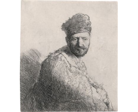 Rembrandt Harmensz. van Rijn -- Mann mit kurzem Bart, in gesticktem Pelzmantel. Radierung. 12,8 x 11,2 cm. 1631. B. 263, Whit