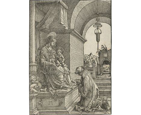 Altdorfer, Albrecht -- Die Madonna, von einem Geistlichen verehrt. Holzschnitt. 16,8 x 12 cm. (1520). B. 49, Winzinger, Holls