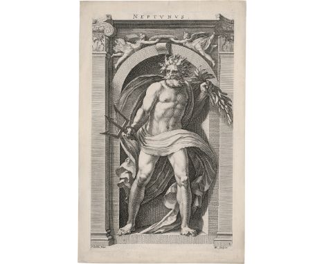 Goltzius, Hendrick -- Antike Götter: Neptun; Vulkan; Sol. 3 Kupferstiche nach Polidoro da Caravaggio. 34,7 x 21,3 cm bis 35,6