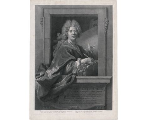 Chereau d. Ä., Francois -- Selbstbildnis des Nicolas de Largillière mit Zeichenstift vor der Staffelei. Kupferstich nach Nico