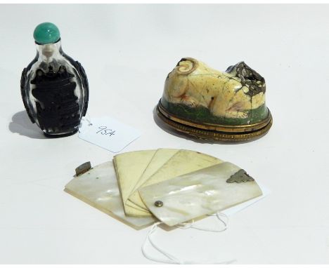 Chinese black overlay cameo snuff bottle, Victorian crochet misers purses, silver and mother of pearl folding notebook and en